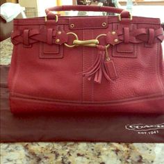 Red Leather Authentic Coach Handbag. Like New Except For Water Mark On Inside Of One Handle And Little Eat And Tear On Bottom Corner (See Phots). Designer Coach Bag In Burgundy, Designer Red Shoulder Bag In Soft Leather, Designer Burgundy Coach Bag, Designer Red Soft Leather Shoulder Bag, Classic Red Satchel With Leather Handles, Designer Coach Shoulder Bag In Burgundy, Red Satchel With Handle Drop For Office, Designer Coach Burgundy Shoulder Bag, Red Coach Satchel