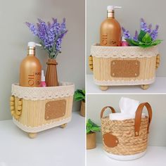 three pictures of soap and lotion in a basket with lavenders on the side