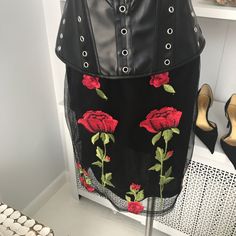 Large Red Roses Stand Out On This Three Dimensional Skirt. Red Embroidery Contrasts With Black Mesh Backing. Fully Lined, Hidden Side Zipper. New With Tags. Top Offered Separately. Fitted Red Skirt With Floral Embroidery, Floral Embroidered Mini Skirt For Party, Party Mini Skirt With Floral Embroidery, Fitted Embroidered Black Mini Skirt, Black Floral Embroidery Party Skirt, Fitted Embroidered Red Skirt, Black Skirt With Floral Embroidery For Party, Black Floral Embroidery Skirt For Party, Fitted Red Embroidered Skirt