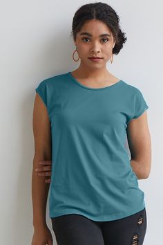 Womens Organic Cotton Easy Tee - Fair Indigo Casual Cotton Tops With Curved Hem, Spring Organic Cotton Stretch Tops, Summer Cotton Tops With Curved Hem, Cotton Tops With Curved Hem, Versatile Cotton Top With Relaxed Fit, Versatile Cotton Tops With Relaxed Fit, Summer Cotton T-shirt With Curved Hem, Versatile Relaxed Fit Cotton Tops, Cotton T-shirt With Curved Hem For Summer