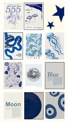 an assortment of blue and white posters with different shapes, sizes and colors on them