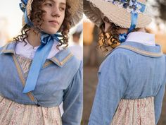 two pictures of a woman wearing a blue dress and straw hat with flowers on it