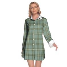 Kelly Dress Tartan Plaid Lapel Shirt Dress Long Sleeve Classic Long Sleeve Mini Dress For Daywear, Green Long Sleeve Relaxed Fit Shirt Dress, Green Long Sleeve Shirt Dress For Daywear, Green Relaxed Fit Long Sleeve Shirt Dress, Elegant Long Sleeve Chemise For Daywear, Green A-line Casual Shirt Dress, Green Collared Shirt Dress For Office, Long Sleeve Shirt Dress For Daywear, Green Knee-length Shirt Dress For Office