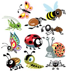 many different bugs and insects are depicted in this cartoon character set, including one ladybug