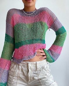 Details: Long-sleeve sweater with color stripes designTop Length: Cropped Sleeve Length: Long Sleeves Materials: 100% Acrylic Striped Sweater For Spring Layering, Trendy Striped Knitted Sweater, Casual Rainbow Knitted Sweater, Casual Rainbow Sweater For Spring, Rainbow Long Sleeve Sweater For Spring, Long Sleeve Rainbow Sweater For Spring, Spring Rainbow Long Sleeve Sweater, Striped Open Knit Long Sleeve Sweater, Striped Long Sleeve Open Knit Sweater