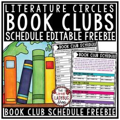 the literature club book clubs schedule is shown in black and white with colorful books on it