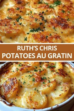 two pictures of potatoes and gratin in a casserole dish with the title