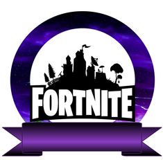 the logo for fortnite with an image of a castle and trees in the background