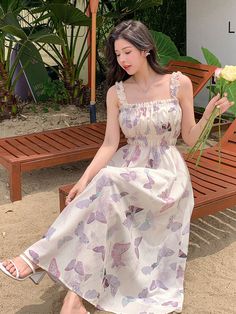 Women's Butterfly Printed Spaghetti Strap Dress With Cinched Waist, Summer Vacation Purple Boho  Sleeveless Woven Fabric Animal,Plants,Butterfly,All Over Print Cami Non-Stretch Summer Women Clothing, size features are:Bust: ,Length: ,Sleeve Length: Korean Floral Dress, Cute Dress Outfits, Mesh Bodycon Dress, Evening Gowns Elegant, Womens Floral Dress, Beauty Dress, Butterfly Dress, Spaghetti Strap Dress, Dress For Short Women