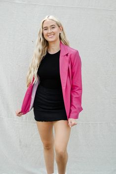 This matte faux leather jacket features a classic collared and button front fit with a slim tailored shape. Our has the look and feel of real leather and it's incredibly soft and supple, so it hangs well. Pair this easy blazer over dresses or with dress pants, or dress it down with jeans. Also available in black! runs true to size with a boyfriend cut you will love the pinstripe satin lining has some stretch model, Lauren is wearing a size small Fitted Faux Leather Classic Blazer, Fitted Classic Faux Leather Blazer, Spring Fitted Faux Leather Blazer, Chic Pink Leather Jacket For Fall, Spring Leather Jacket With Lapel Collar For Office, Leather Jacket With Lapel Collar For Office In Spring, Spring Faux Leather Workwear Blazer, Spring Faux Leather Blazer For Workwear, Pink Blazer For Business Casual In Spring