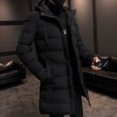 Winter Hooded Padded Thick Long Mens Jacket Coat All Black Aesthetic, Wearing Outfits, Autumn Outwear