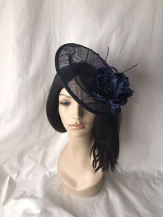 Dark Navy Blue Kentucky Derby fascinator hat, Tea party hat, Easter Women's church hat, Blue Short Brim Fascinator For Wedding, Handmade Flowers Fascinator With Wide Brim For Party, Royal Ascot Cloche Fascinator For Church, Elegant Party Fascinator With Handmade Flowers, Elegant Fascinator With Handmade Flowers And Curved Brim, Elegant Mini Hats With Handmade Flowers For Events, Elegant Formal Costume Hat With Handmade Flowers, Handmade Flower Fascinator For Formal Events, Formal Fascinator Hat With Handmade Flowers