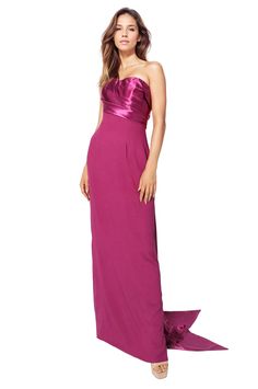 Strapless Crepe Column Gown with Satin Bow Bow Fabric, Crepe Gown, Beaded Chiffon, Column Gown, Satin Bow, Bridal Shop, Crepe Fabric, Stretch Lace, Orange And Purple