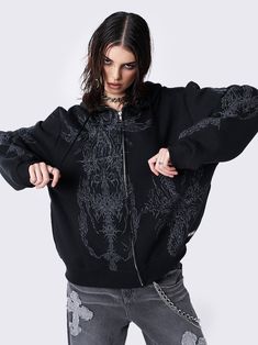 Indulge in alt fashion with our Black Oversized Zip Hoodie featuring a unique abstract print. Embrace the grunge acubi aesthetic with Minga London. Shop now! Embroidered Zip Up Hoodie, Oversized Grunge Hoodie With Graphic Print, Oversized Punk Graphic Hoodie, Oversized Punk Hoodie With Graphic Print, Alternative Oversized Hoodie With Graphic Print, Black Grunge Hoodie, Black Grunge Hoodie For Alternative Fashion, Black Graffiti Print Sweatshirt For Fall, Oversized Black Punk Hoodie