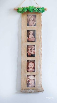 a wall hanging with four pictures on it