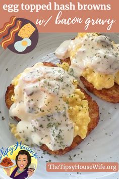 an egg topped hash browns with bacon gravy on a white plate