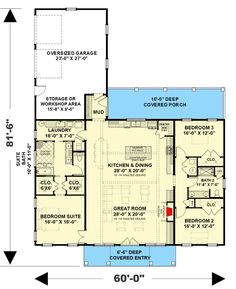 the first floor plan for a house with two bathrooms and an attached garage area,