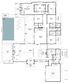 the floor plan for a house with an indoor swimming pool and two separate living areas