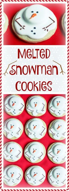 some cookies with frosting on them and the words melted snowman cookies written in white