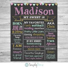 a chalkboard sign that says madison, my sweet 16 and the names of her favorite children