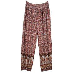 White Harem Pants with Traditional Red Floral and Elephant Motifs Traditional Floral Print Bottoms For Spring, Traditional Spring Floral Print Bottoms, Bohemian Red Harem Bottoms, Red Bohemian Harem Bottoms, Bohemian Floral Print Harem Pants For Summer, Bohemian Summer Floral Print Harem Pants, Bohemian White Printed Bottoms, Red Bohemian Bottoms For Vacation, Bohemian Red Bottoms For Vacation