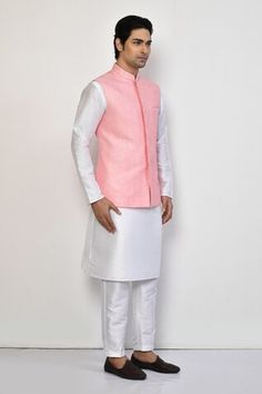 Pink silk bundi with all over checkered pattern, tonal thread, sequin embroidery and patch pockets. Paired with full sleeves kurta and straight pant. - Aza Fashions Nehru Jackets, Sequins Embroidery, Fashion App, Checkered Pattern, Pink Silk, Straight Pants, Mandarin Collar, Embroidered Silk, Full Sleeve