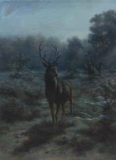 a painting of a deer standing in the middle of a field with other animals behind it