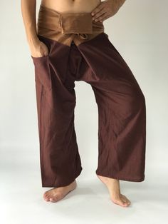 "Unisex Thai fisherman pants. One size fits all. You can wear in many occasions, casual wear, yoga wear, maternity wear, relax at home, travel etc. If you are looking for some pants that you can wear everywhere, comfortable, relax and Easy to wear. Thai fisherman pants is Answer!! Nice gift for yourself or your lover One pocket on the side for storing your items such as wallets, mobile phones, etc Approx. Measurements: One size can fits most and 1 Pockets Measurement Waist 27\" (69 cms) Length 4 Pantalon Thai, Thai Fisherman Pants, Fisherman Pants, Wrap Pants, Unisex Pants, Pants Cotton, Lower Leg, Pantalon Large, Pants Wide Leg