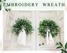 two wreaths are hanging on the front door