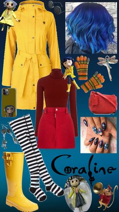 a collage of different items including boots, gloves and socks with the words coraline on