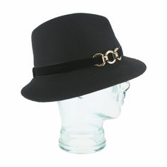 The Italian-made Belfry Zita, with its chic silhouette and charismatic allure, will make a bold statement with any ensemble. This women's trilby features an asymmetrical brim with a velvet hat band trimmed with a gold chain clasp for an elegant touch. Additionally, the inner band offers an adjustable drawstring for customizable fit, ensuring utmost comfort for day-to-day wear. With a reliable wool felt body sure to hold its shape wear after wear, don the Zita and elevate your style with distinct Chic Fedora With Curved Brim For Formal Occasions, Chic Curved Brim Fedora For Formal Occasions, Chic Formal Fedora With Curved Brim, Chic Formal Flat Brim Hat, Chic Formal Hat With Flat Brim, Chic Formal Fedora Hat, Chic Flat Brim Cloche Hat For Fall, Chic Fedora With Short Brim For Formal Occasions, Chic Short Brim Fedora For Formal Occasions