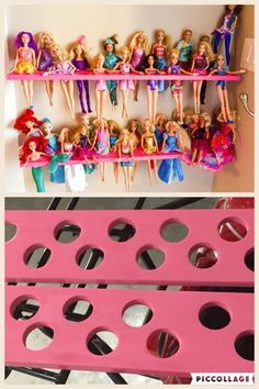 there are many barbie dolls on the shelf and one is pink with holes in it