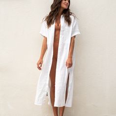 Sunday Shirt Dress - Coconut + Sunday Top - Mirage + Hi Tide Bottom - Mirage (Size S) V-neck Linen Dress For Beach Cover-up In Spring, Casual Linen Beach Cover-up Dress, Linen Beachwear Dress For Beach Cover-up, V-neck Linen Beach Cover-up Dress, Beach Button-up Linen Dress, White Linen Dresses, Style Inspiration Summer, White Shirt Dress, Linen Dress