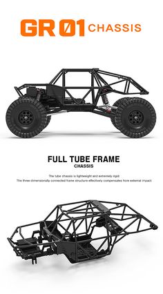 the front and back view of an off road vehicle with four wheels, two suspensions and