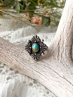 "Details: Hand fabricated sterling silver ring with four sterling sterling sunray accents and circular embellishments..  Set with a 6 x 8 mm Kingman Turquoise oval cabochon. Made of sterling silver and finished with black patina and polished to shine.    Dimensions: - Ring sizes available  5,6,7,8,10 - Ring measures 0.9\" inches in length and 0.8\" inches at its widest part.  - Set with a 6 x 8 mm Kingman Turquoise oval cabochon - All sterling silver always.     This ring is available as ready t Ranchers Wife, Rodeo Jewelry, Handmade Silver Jewellery, Turquoise Ring Silver, Western Jewelry, Kingman Turquoise, Ring Sizes, Silver Drop Earrings, Dream Jewelry