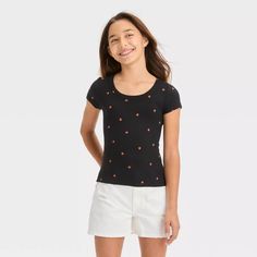 Girls' Scoop Neck Ribbed T-shirt - Art Class™ : Target Playful Black Stretch Top, Playful Stretch Black Tops, Black Playful Stretch Top, Black Strawberry, Strawberry Print, Fitted Tee, Tshirt Art, Ribbed Texture, Fabric Tape