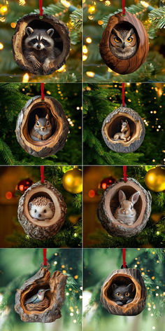 four different pictures of an animal in a tree stump ornament hanging on a christmas tree