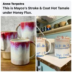 three different mugs sitting on top of a wooden table