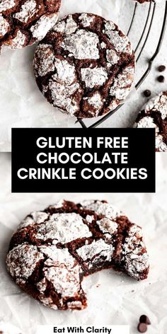 chocolate crinkle cookies with powdered sugar on top and the words, gluten free chocolate crinkle cookies