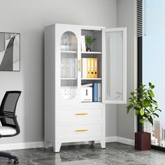 a white bookcase in an office with a black chair and potted plant next to it