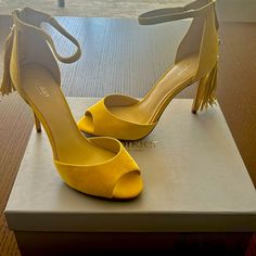 Genuine Leather Brand New In Box Botkier New York Heels In Size 8. Yellow Suede. Tassle Zipper Detail Closure. 4 Inch Heels. Spring Formal Heels With Tassels, Elegant Evening Heels With Fringe, Elegant Fringe Heels For Spring, Elegant Spring Fringe Heels, Pink Suede Heels, Gold Block Heels, Black And White Heels, Strappy Block Heels, Caged Heels