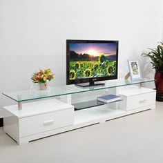 a flat screen tv sitting on top of a white entertainment center next to a potted plant