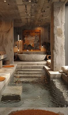 a bathroom with a large bathtub next to a stone wall and steps leading up to it