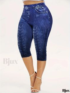 Bjux - Womens Plus Size Elastic High Rise Slight Stretch Skinny Capri Trousers with Denim Print - Perfect for Casual Wear Stretch Capri-length Bottoms With Pockets, Stretch Denim Short-length Capris, Stretch Cotton Pull-on Capris, Denim Print, Capri Trousers, Drawstring Pants, Capri Pants, Capri, Elastic Waist