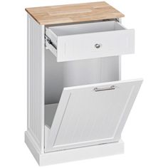 a white cabinet with a wooden top and drawers