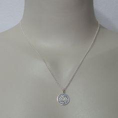 "Sterling silver Lotus Flower necklace on a sterling silver chain. The lotus pendant measures 5/8\" tall. All jewelry parts are 925 solid sterling silver. Send jewelry gifts direct with free gift box and note. Available in 16\", 18\" (model shown) & 20\" Gift Box Included Short gift note may be added at checkout. Receipts not included. For multiple orders needing separate gift boxes, mark as gifts or only 1 gift box will be included. Add A Gemstone https://www.etsy.com/listing/210720273 Abou Dainty Sterling Silver Flower Charm Necklace, Silver Flower Pendant Jewelry For Everyday, Dainty Silver Charm Necklace Stamped 925, Delicate Engraved Sterling Silver Charm Necklace, Simple Engraved Sterling Silver Jewelry, Simple Engraved Silver Jewelry, Silver Charm Necklace With Flower Pendant And Delicate Chain, Silver Flower Pendant Charm Necklace With Delicate Chain, Dainty Silver Charm Necklace With Flower Pendant