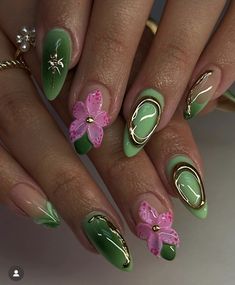 Green Nail Designs With Flowers, Dark Green And Pink Nails, Almond Acrylic Nails Designs, Nature Nails, Bubble Nails, Flowers Nails, Colourful Nails, Nails Designer, Spring Inspo