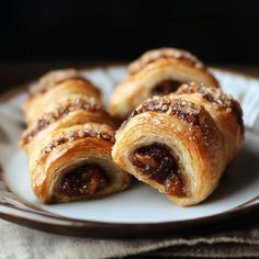 several pastries on a white plate sitting on a table