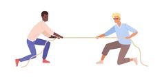 two men tuging each other with ropes on white background in flat cartoon style illustration