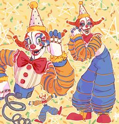 two clowns are dancing together in front of confetti